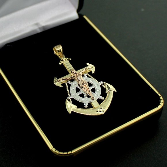Real 10K Yellow Gold Anchor Cross Pendant - Picture 1 of 5